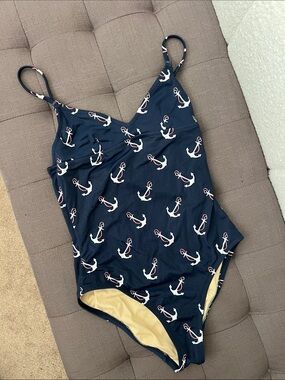 Navy Blue One-Piece J CREW Swimsuit with White & Red Anchor Print ~ XS